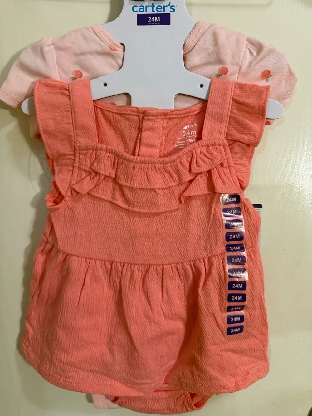 Carter's 3 Pieces Coral Pink Ruffled Dress Romper Set (177)
